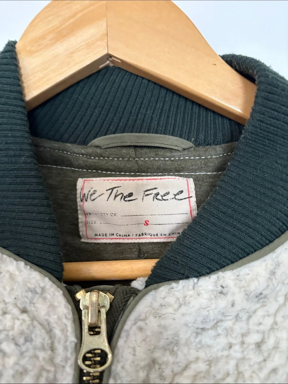 Free People Cream Sherpa Bomber Jacket with Olive Accents